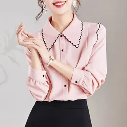 Women's Polos Spring Flounce Shirt Loose Slim Long Sleeve Chiffon Blouse Top Female Solid Tshirt 230330