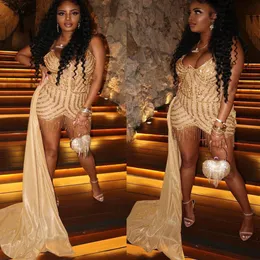 2023 Arabic Aso Ebi Gold Short Prom Dress Sequined Lace Sheath Evening Formal Party Second Reception Birthday Engagement Gowns Dresses Robe De Soiree ZJ2044