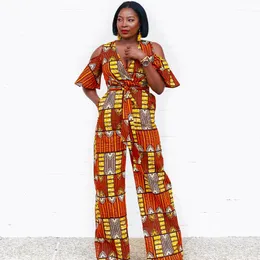 Women's Jumpsuits Dashiki Print Sexy Wide Leg Jumpsuit Women V-Neck Cold Shoulder Falre Sleeve Long Loose Romper Summer Casual Overalls