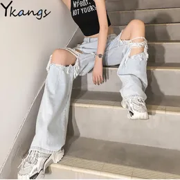 Jeans femininos rasgou a cintura alta a mãe do namorado da mãe, calça de jeans finas de calça de calças de calças de salas de verão, fêmeas rasgadas do verão 230330