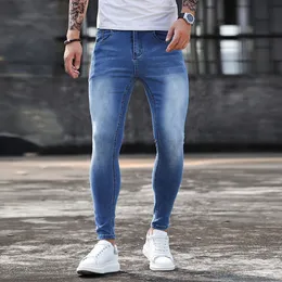 Herr jeans sommar mode män smal form blå elastisk solid färg täta byxor byxor street casual social högkvalitativ denim 230330