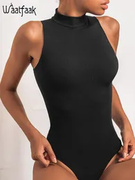 Kvinnors jumpsuits Rompers Waatfaak Sexig ärmlös bodysuit Bodycon Summer Black S Round Neck Romper Body Suit 230330