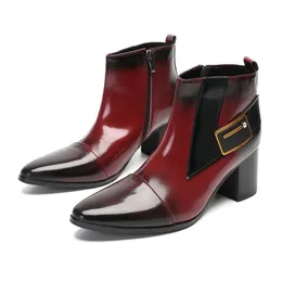 7CM High Heels New Men's Boots Pointed Toe Wine Red Genuine Leather Ankle Boots Men Party/Wedding Boots for Man
