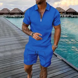 Agasalhos masculinos Camisa pólo casual masculina Na moda terno esportivo cor sólida verão decote em V com zíper shorts de manga curta Tw