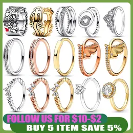 925 Silverkvinnor Fit Pandora Ring Original Heart Crown Fashion Rings Graffiti Signature Logo Pave Ginkgo Leaves Crown Heart