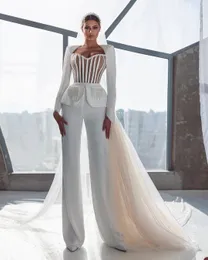 Luxury Jumpsuit Wedding Dress With Pearls 2023 Elegant Satin Pant Boho Beach Wedding Gowns With Train Long Sleeve Vestido Novia Western 1950s Bridal Dresses Church