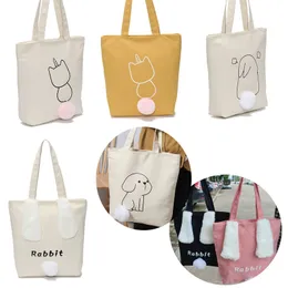 Nuove borse per la spesa ecologiche riutilizzabili bianche con cerniera Borse per la spesa pieghevoli in tela Cute Dog Cat Peluche Orecchie di coniglio Eco Shopping Tote 25.5x9x32cm