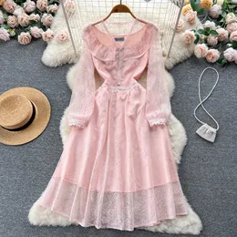 Lace Pink New Casual Casual Dresses Spring Autumn Solid Slim Full Lady Dress A Line V Neck Chiffon Pullover Mid-Calf High Waist Women Dresses 2023