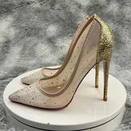 Bling Rhinestones Gold equins Summer Red Bottom Shoes Women Women Women Mesh Toe Toe High Heel Shoes for Wedding Bridal Party Secy