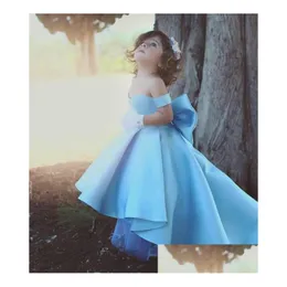 Girl'S Dresses Girls Vintage Blue Lace Flower 2021 High Low Satin Off The Shoder Bow Knot Long Formal Kids Wear Pageant Dress Drop D Dhtge