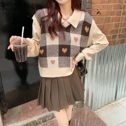 Gilet da donna Bellissimo maglione scozzese Dolce scollo a V da donna Ulzzang Heart Maglia senza maniche Maglione Tricot Maglioni Retro Student 230330