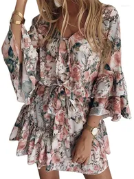 Lässige Kleider Sommer Boho Blumen Minikleid Frauen Urlaub V-Ausschnitt Schärpe Rüschen Aufflackernärmel Party Strand Vintage Elegant Vestidos