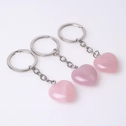 Natural Stone Heart Keychain Key Ring Gem Rose Quartz Amethyst Love Pendants Charms Keyring