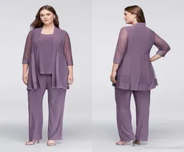 Plus Size Cheap Purple Three Pieces Mother of The Bride Pant Suits with Jackets Sequins Wedding Guest Dresses Chiffon Mothers Groo6125889