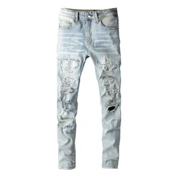 Mens Jeans Light Indigo Ripped Streetwear Fashion Skinny Damaged Holes With Rhinestone Slim Fit Stretch Distressed Destroyed 230330