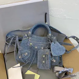 Neueste Neo cagole City Motorradtasche Denim Blue Strass Alte Silber Hardware Einzelne Umhängetasche Handtasche Abnehmbare Cardioid Mirror Locomotive Tote Bag