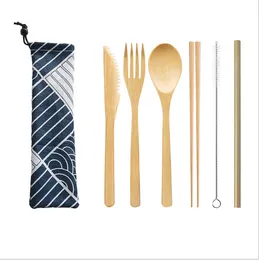 Party Favor Wooden Dinnerware Set Bamboo Teaspoon Fork Soup Knife Catering Cutlery Set with Cloth Bag Kitchen Cooking Tools Utensil Q19