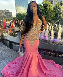 ASO EBI African Pink Mermaid Prom Dresses Luxurious Crystals Pärlade Long Satin Aftonklänningar Black Girls Special Tillfälle Wear 2023