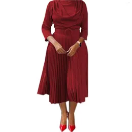 Casual Dresses Elegant Women Midi Pleated O-Neck High Waist Big Swing A Line Dress Modest Classy Office Lady Guest Party Evening Gown