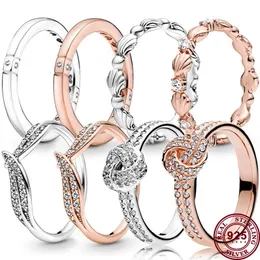 925 srebrne kobiety dopasowane pandora pierścień oryginalne serce korona pierścienie moda logo brzoskwiniowe serce błyszcząca skorupa miłość