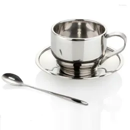 Cups Saucers Household 150ml Insulated Coffee&Tea Cup Double Wall 304 Stainless Steel Travel Handle Mugs With Spoon Dish Plate Saucer