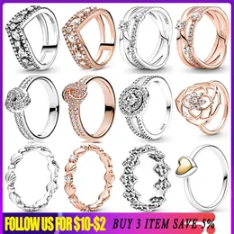 925 Silver Women Fit Pandora Ring Original Heart Crown Fashion Rings Rose Gold Ring Sparkling Triple Band Double Wishbone Halo