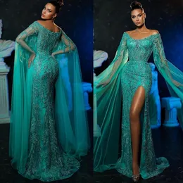 Fancy Turquoise Green Mermaid Prom Dresses Beaded Side Split Party Dresses Spets Crystals Custom Made aftonklänning