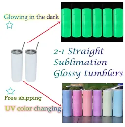 20oz Straight Sublimation Tumblers UV Color Changing & Dark Glowing with Clear Straws Stainless Steel Double Wall Vacuum Insulated Water Cup By Express B0015