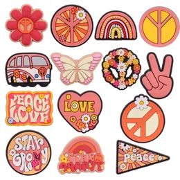 Wholesale 100Pcs PVC Peace Love Bus Butterfly Hand Heart High Heels Garden Shoe Charms Decorations For Button Clog Backpack Holiday Gift