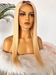 4/613 OMBRE Blonde Straight 13x4 Lace Pront Wigs مع جذور الشوكولاتة البنية