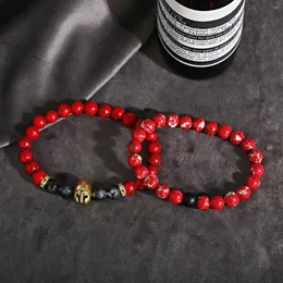 Strang Fashion Red Achat 2 Teile / satz Perlen Männer Armband Spartan Micro-Intarsien Zirkon Helm Elastisches Paar Geschenk