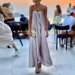 Abiti casual 2023 Chic Boho senza maniche avvolgente sul petto spiaggia elegante con spalle scoperte abito lungo da donna moda altalena in raso sciolto