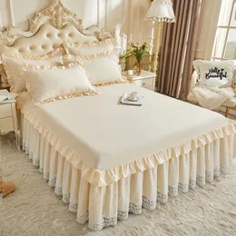 Bed Skirt Beige 100% Cotton Princess Bedding 1 Bedding2 Pillowcases Romantic Lace Ruffled Bedding Sheet 230330