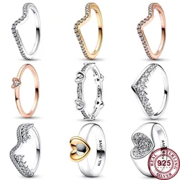 925 Srebrne kobiety dopasowane Pandora Pierścień Oryginalne serce Crown Pierścienie Eternal Serce Ślizgające się asymetryczna lśniąca fala 204144
