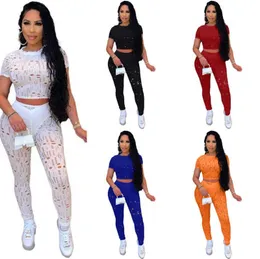 Wholesale Fashion Casual Womens Tracksuits Two Piece Pants Suit Sexy Holed Crew Neck Short Sleeve Crop Top And Leggings Sport Set