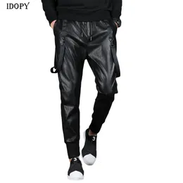 Mäns jeans idopy street faux läder joggers harem byxor hiphop ankel manschetterade elastiska midja dragsko pu joggar byxor för manlig 230330