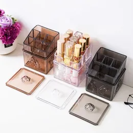 Lagringslådor Transparent Make Up Organizer Plastic Cotton Pads Box Tetragonal Lipstick Holder Multifunktionella kosmetiska fack