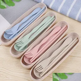 Servis uppsättningar Balleen Shiny Portable Wheat St Table Provle Cutlery Set Three Piece For Children ADT Travel Kit Gift Drop Delivery Hom Dhlab