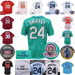 Ken Griffey Jr Jersey 1995 1997 빈티지 야구 명예 명예의 전당 홈 어웨이 그린 화이트 크림 풀오버 버튼