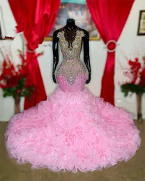 Розовые о шею длинные платья для выпускного вечера для чернокожих девушек Sparkly Sequined Mareed Mared Ruffles Юбка вечернее платье с бисером Crystal Rope de