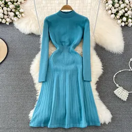 Stojak na szyję stały kolor długi rękawowe sukienki szacie femme szczupła dzianowa sukienka 2023 wczesna jesień vestidos de mujer elegancki