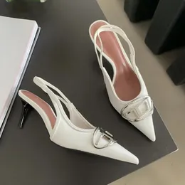 Sandaler Spring Summer Brand Woman Slingback Shoes Fashion Matal Buckle Ladies Elegant Med Heel Point Toe Slip On Sandal Mules 230330