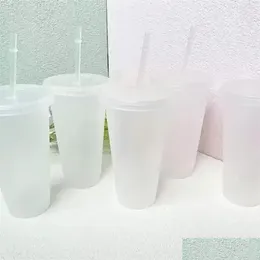 Tumblers 24oz Clear Cup Plastic Transparent Tumbler Summer återanvändbart kallt drickande kaffemugg mugg med lock och st fy5305 Drop Deliv Dhioz