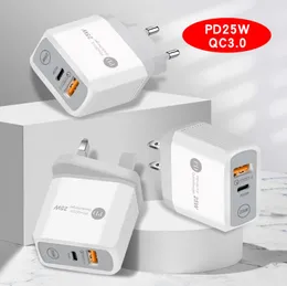 AC Quick Charge QC3.0 PD 충전기 18W 25W USB 유형 C 휴대폰 벽 충전기 IPhone 용 Samsung Eu UK 미국 플러그 듀얼 포트 빠른 충전기