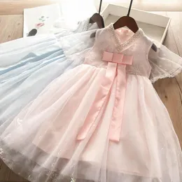 Girl Dresses 2023 Summer Kids Neckline Pearl Snowflake Bright Mesh Dress Girls Children's Clothing Wholesale
