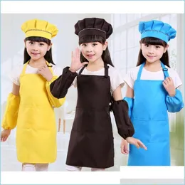 Aprons Children Baby Kids Apron Sleeves Hat Set Big Pocket Kitchen Baking Painting Cooking Craft Art Bib Drop Delivery Home Garden Te Dhgby