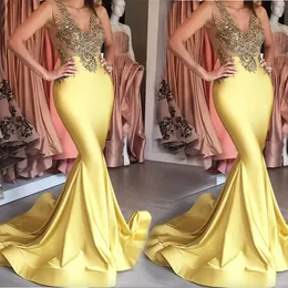 Formal Evening Dresses Prom Party Gown Mermaid V-Neck Floor-Length Sweep Train Beaded Applique Satin long Zipper Plus Size Sexy Custom