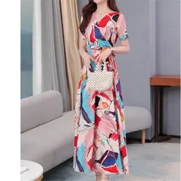 Casual Dresses A-Line Loose Fit Dress Summer Print Chiffon Dress Kort ärm i midjan V-ringning Tunntryck Swing Dress 230330