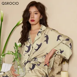 Kvinnors sömnkläder Qsrocio högkvalitativa pyjamas Set Luxury Leopard Print Loose Top Silk Like Nightwear Leisure Homewear Femme 230330