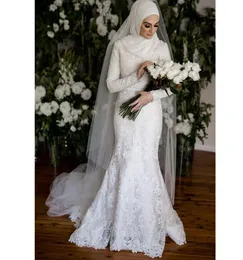 Elegant Muslim Mermaid Wedding Dresses With Hijab 2022 Long Sleeves High Neck Appliqued Lace Bridal Gowns gelinlik in Dubia Islami9999833